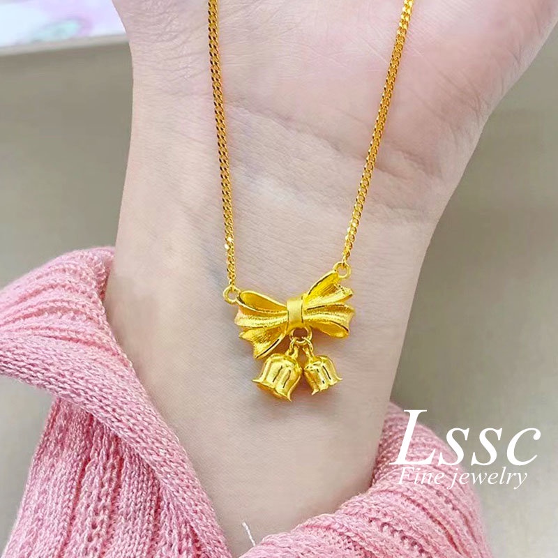 Kalung Titanium Anti Karat Bunga Pita Aesthetic Korea Cantik Emas 18K Aksesoris Wanita Perhiasan