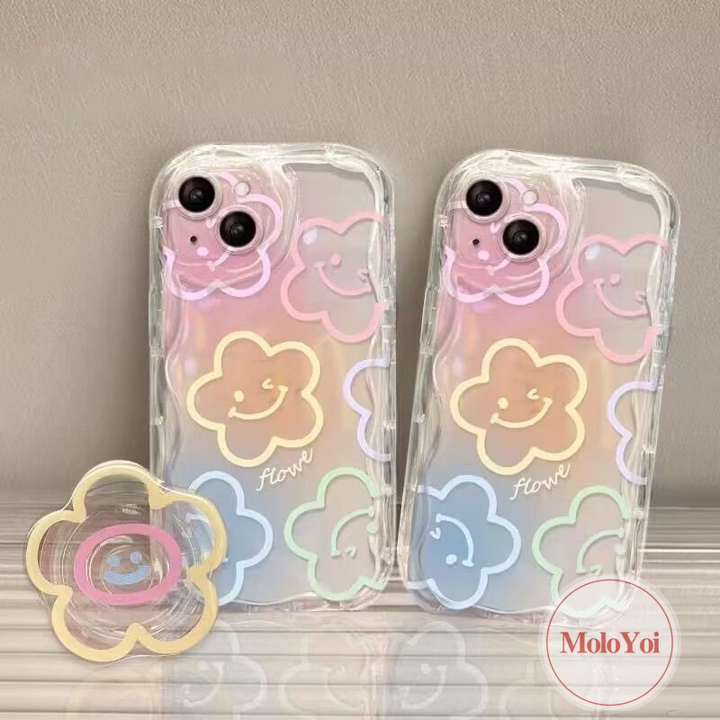 Cartoon Smiley Fresh Flowers Holder Bracket Case Compatible for IPhone 7 6 8 6s Plus XR X XS Max 11 14 13 12 Pro Max SE 2020 3D Wavy Curved Edge INS Korean Colorful Graffiti Cover