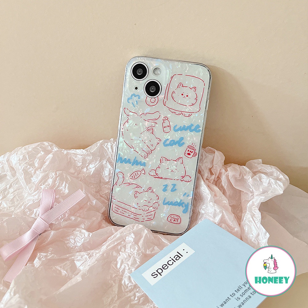 IPHONE Casing Ponsel Kucing Motif Shell Pink Mengkilap Yang Indah Kompatibel Untuk Iphone14 14Pro 11 12ProMax 12Pro 12 13ProMax Shockproof Back Cover