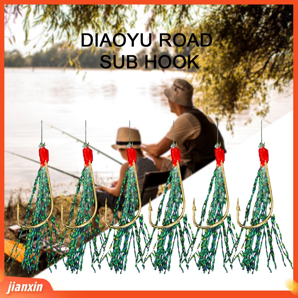 (In Stock) 6PCs/String Memancing Umpan Kait Berduri Tajam Warna Cerah Kokoh Anti-Korosi Penembus Kuat Portabel Cahaya Rumbai Berlapis Emas Kait Peralatan Memancing