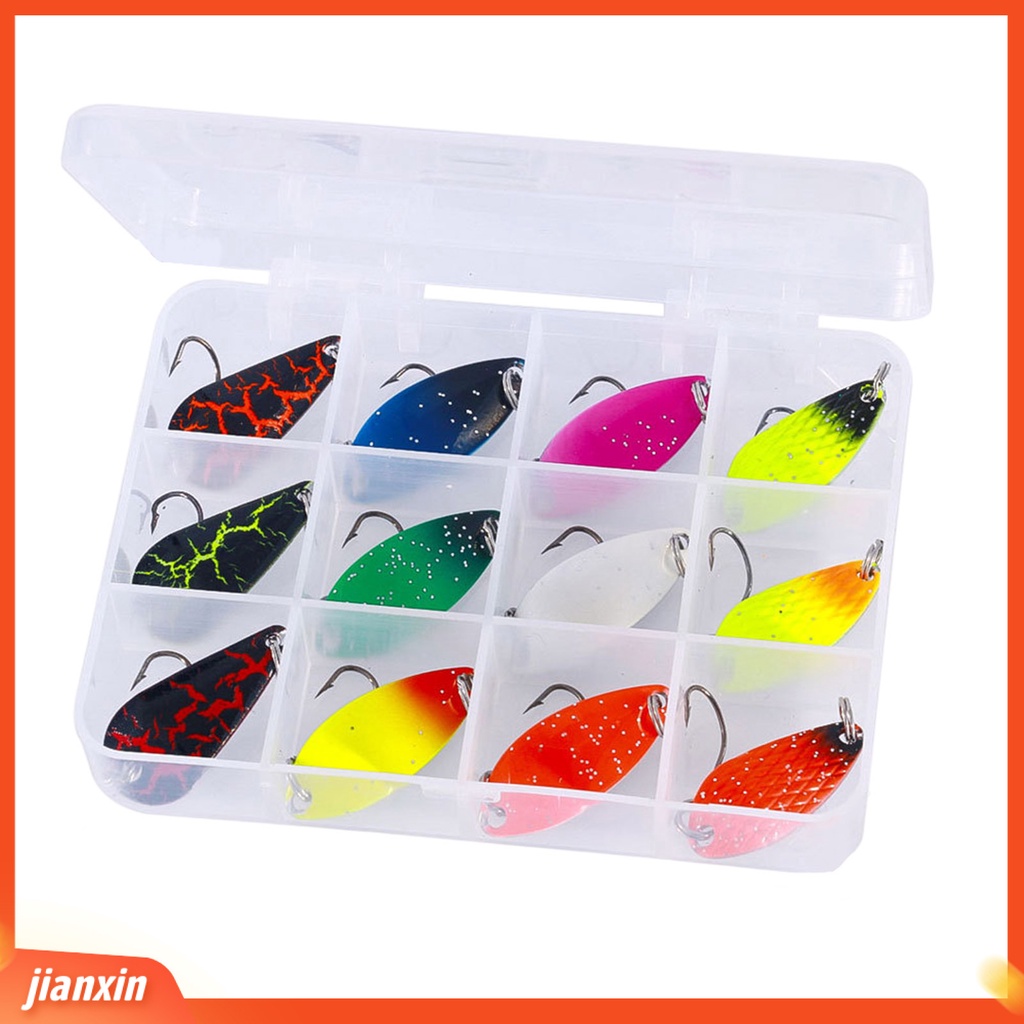 (In Stock) 12Pcs Pemikat Pancing Dengan Kotak Kait Tajam Warna Cerah Kemampuan Lempar Yang Baik Banyak Ukuran Logam Mulut Kuda Paruh Trout Payet Memancing Luar Ruangan