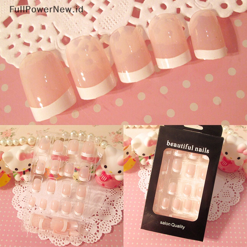 Power 24Pcs Lady Wanita Gaya Perancis DIY Manicure Art Tips Kuku Palsu Dengan Lem ID Baru