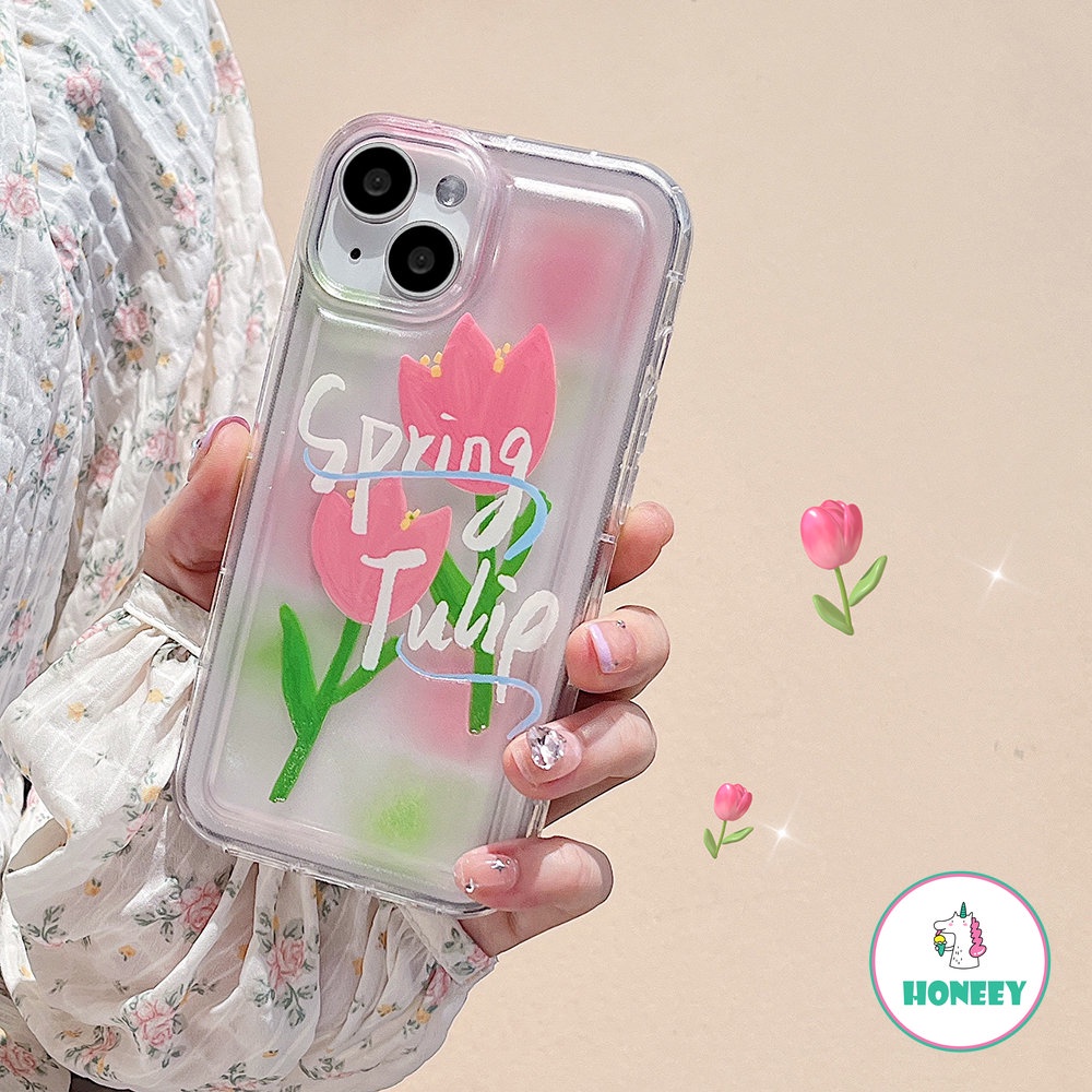 Spring Pink Tulip Phone Case Kompatibel Untuk iPhone 14 Pro 13 12 11 Pro Max XR XS 7 8plus Transparan Anti-Drop Airbag Cover