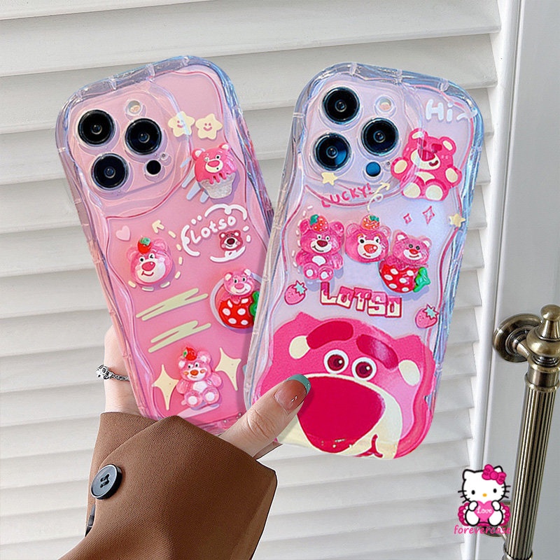 Cartoon 3D Wavy Curved Edge Soft Glossy Case Compatible for iPhone XR XS X Max 11 13 12 14 Pro Max 7Plus 8 6 6s 7 Plus SE 2020 3D Cute Doll Strawberry Bear Lotso Phone Cover