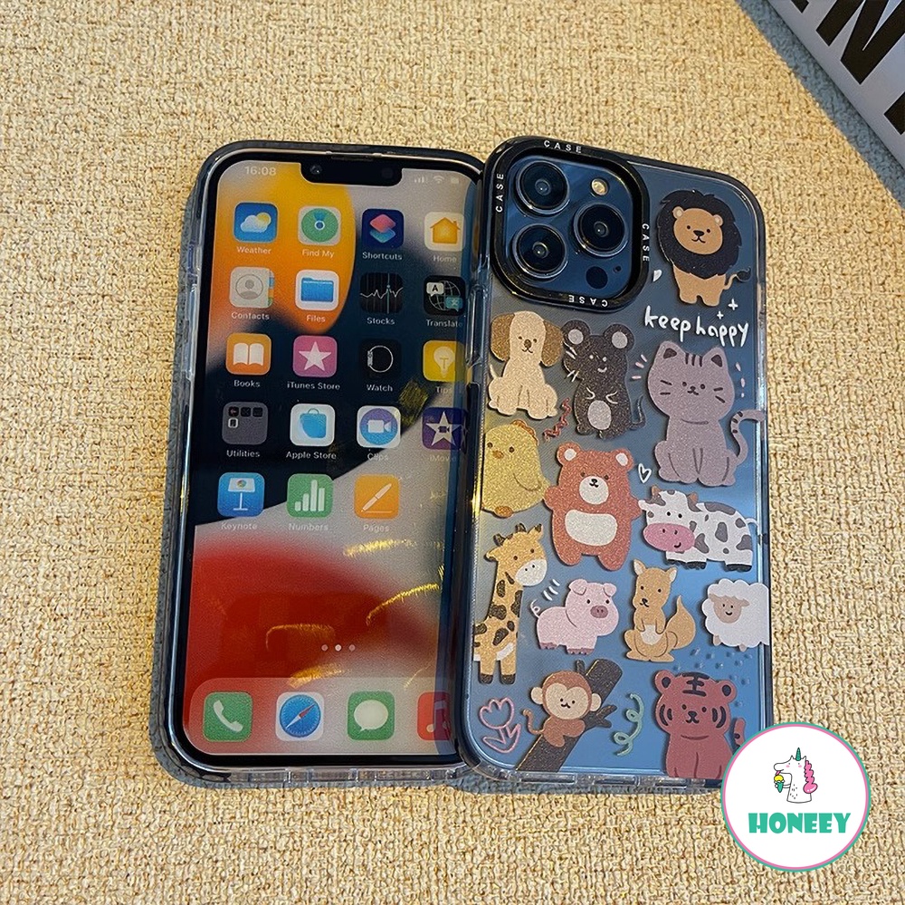 Kartun Lucu Graffiti Animals Phone Case Kompatibel Untuk iPhone 14 Pro 13 11 12 Pro Max Transparan Shockproof Pelindung Cover