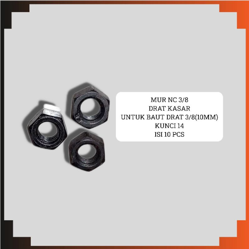 ISI 10 PCS MUR 3/8 MUR NC 3/8 INCH HITAM DRAT KASAR M10 KUNCI 14