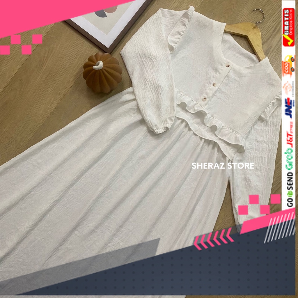 BAJU GAMIS MODEL BARU TERMURAH STYLE TRENDY /Kayla Dress Gamis Crinkle Airflow Putih Hitam Polos Wan