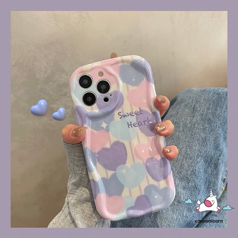 Casing Kompatibel Untuk iPhone 7plus 6s 6 7 8 Plus 11 13 12 14 Pro Max XR X XS Max SE 2020 Ins Lukisan Minyak Cinta Hati Tpu Lembut Shockproof Airbag Glossy 3D Bergelombang Tepi Melengkung Case