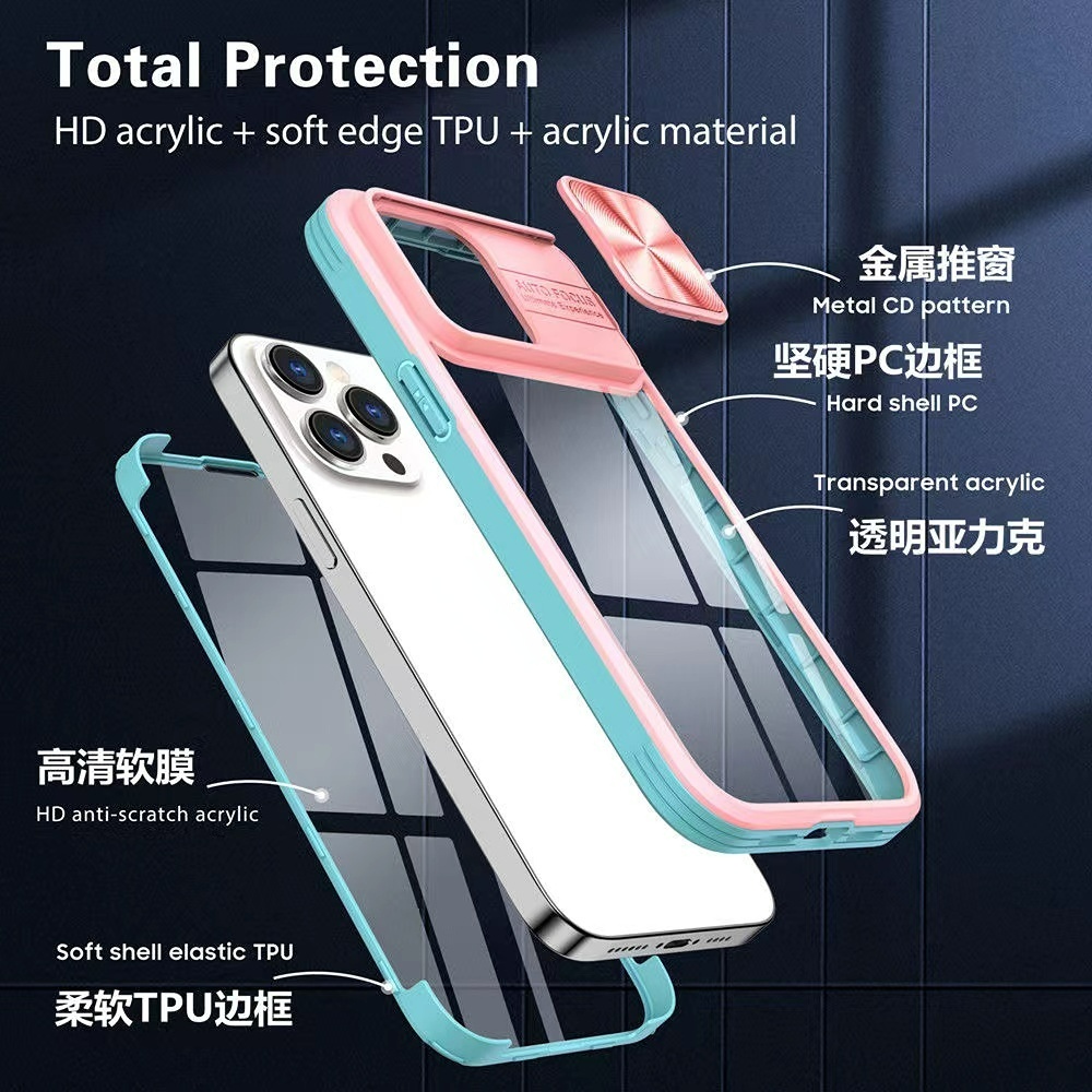 IPHONE Case Pelindung Definisi Tinggi Cocok Untuk Iphone14 13 Pro Max 14plus Cakupan Penuh, case Lensa Jendela Geser Warna Campur Dua Sisi PC+TPU Cover