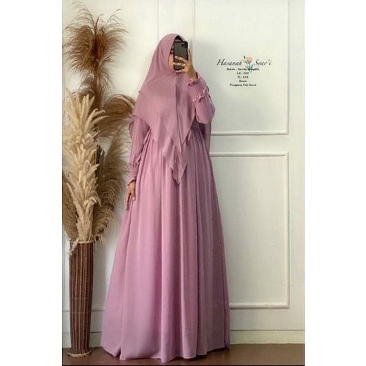Tren Baju Muslim Hasanah Syari Plus Khimar Baju Gamis Set Jilbab Syari Bahan Ceruty Gamis Syari Busu