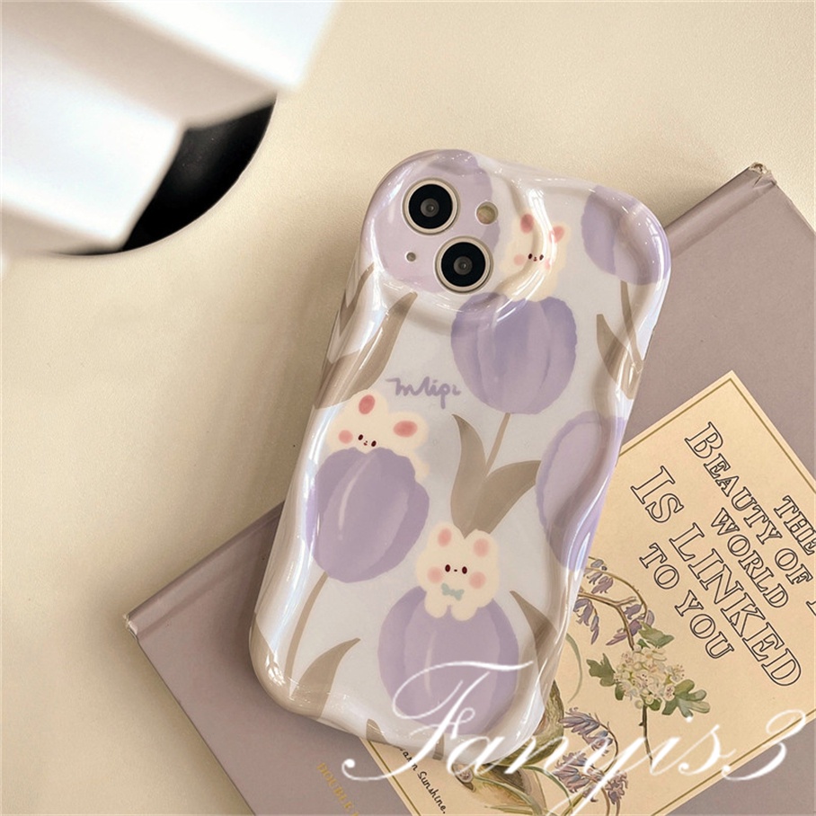 Compatible For IPhone 14 13 12 11 Pro Max X XR Xs Max 8 7 6s Plus SE 2020 Kompatibel Untuk Kelinci Ungu Bunga Tulip Gelombang Casing Ponsel TPU Silicon Lembut Cover Pelindung