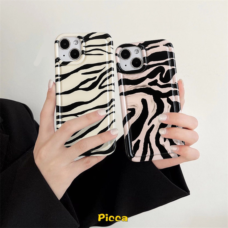 IPHONE Art Zebra Pattern Case Kompatibel Untuk Iphone11 14 12 Pro MAX 7Plus XR 8Plus 6 6S Plus X XS MAX F Fashion Garis Kepribadian Shockproof Airbag Silicon Lembut TPU Phone Cover