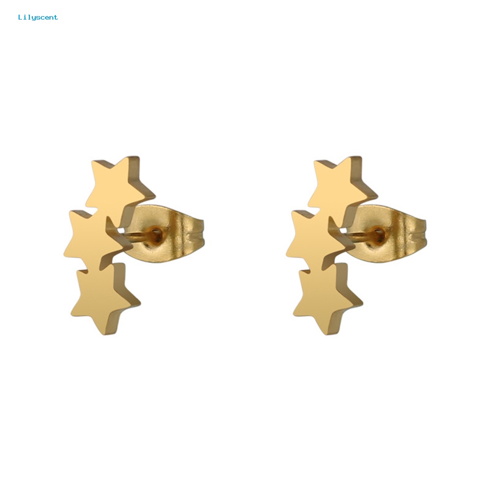 Lilyscent Chic Triple Star Ear Studs Stainless Steel Anting Wanita Tindik Perhiasan Pesona