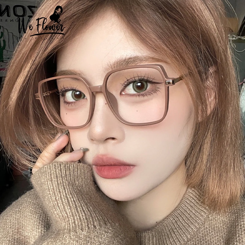 We Flower Oversized Coffee Square Frame Eyeglasses Untuk Wanita Chic Blue Light Blocking Lens Eyewear Korean Fashion Beauty Glasses Outdoor OOTD Ornaments