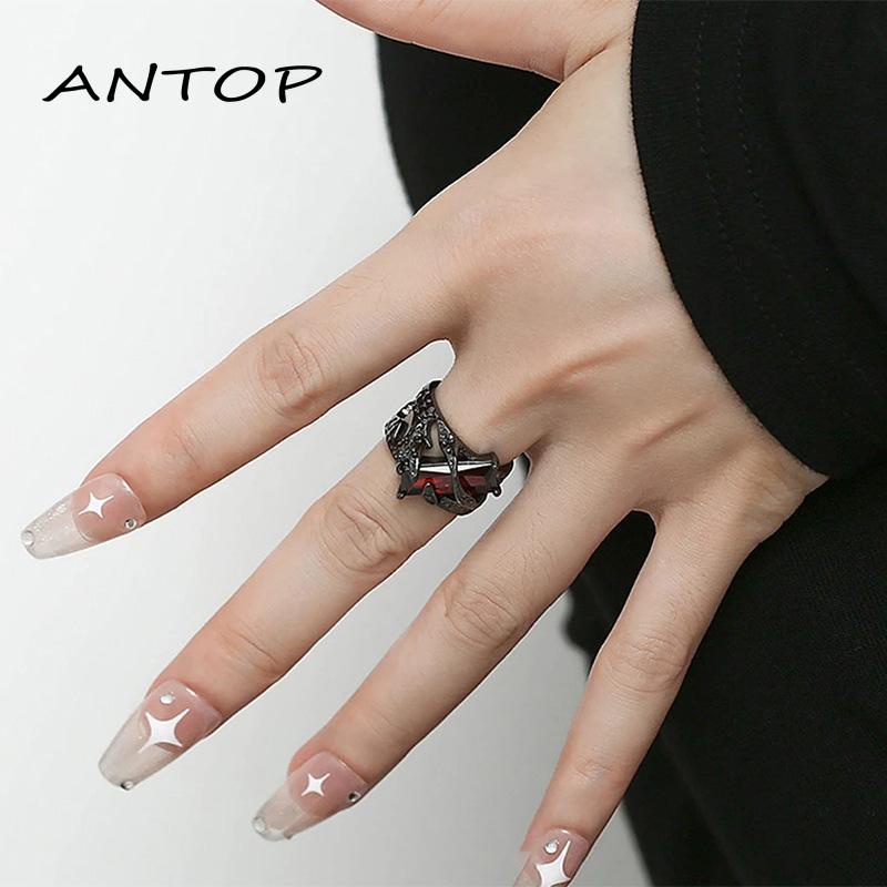 Cincin Desain Geometris Berongga Retro Delima Merah Perempuan Trendi Unik Gelap Gaya Eropa