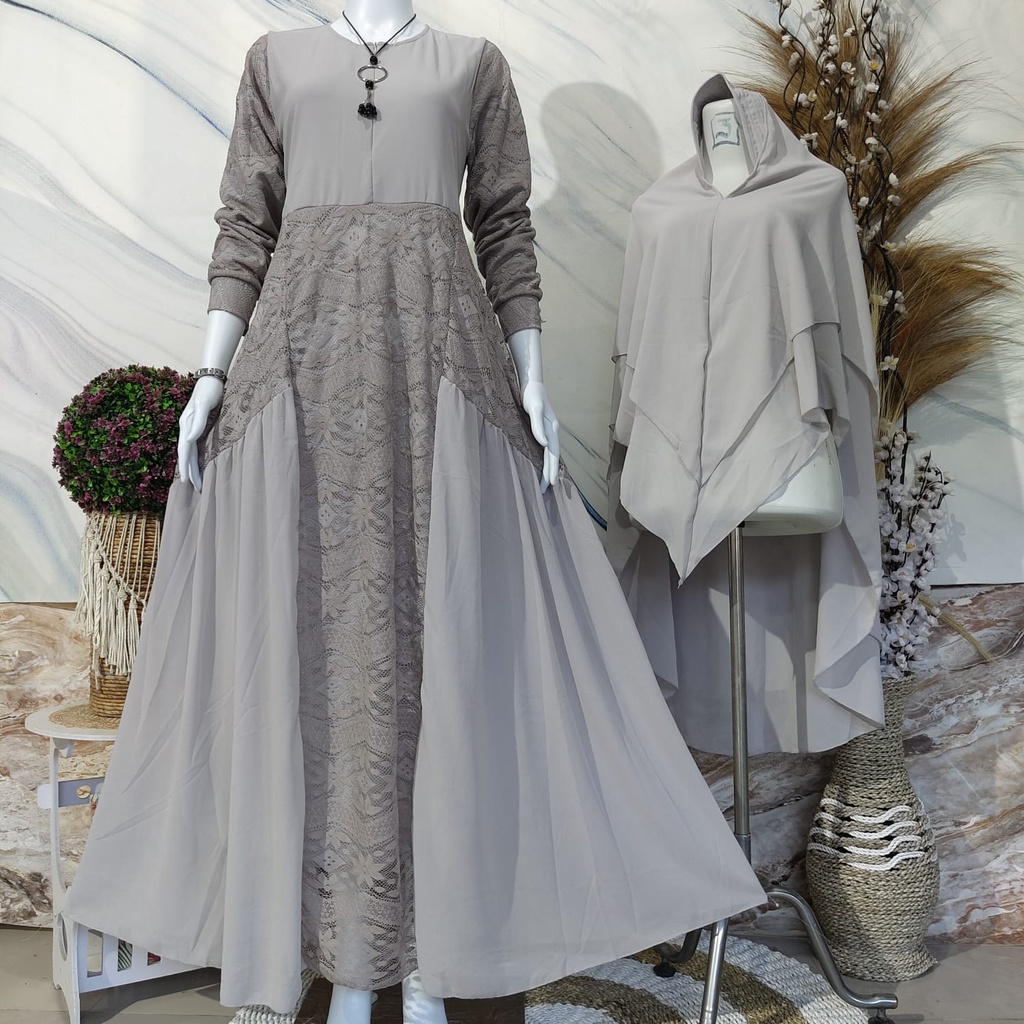 TGC - Gamis Set Syar'i Bahan Ceruty Babydoll Combinasi Brukat Malika - Set Hijab Kekinian Premium