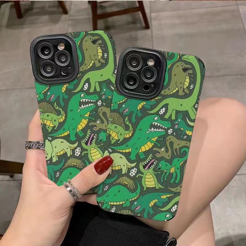 [Kulit Domba] Soft Case Kulit Untuk IPhone 6S 7plus 8plus X XS XR XS Max11 13 12 14 PRO Max 14 Plus 12 13 Mini Ins Fashion Hijau Dinosaurus Perempuan Wanita