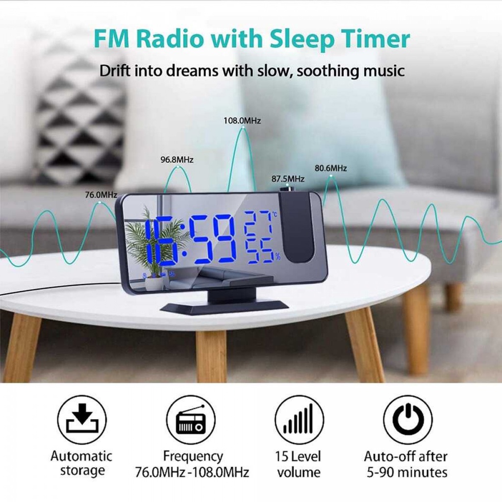 Jam Proyektor Digital Meja Fungsi Alarm Temperature Humidity FM Radio