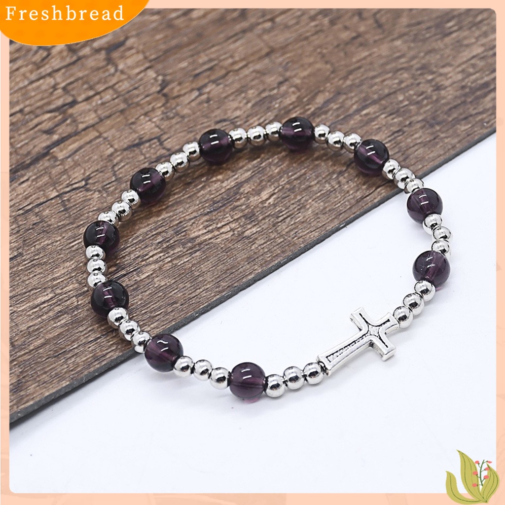 &lt; Freshbread &gt; Wanita Gelang Salib Kudus Elegan Dainty Elastis Festival Hadiah Warna Ungu Perak Manik-Manik Rosario Gelang Fashion Perhiasan