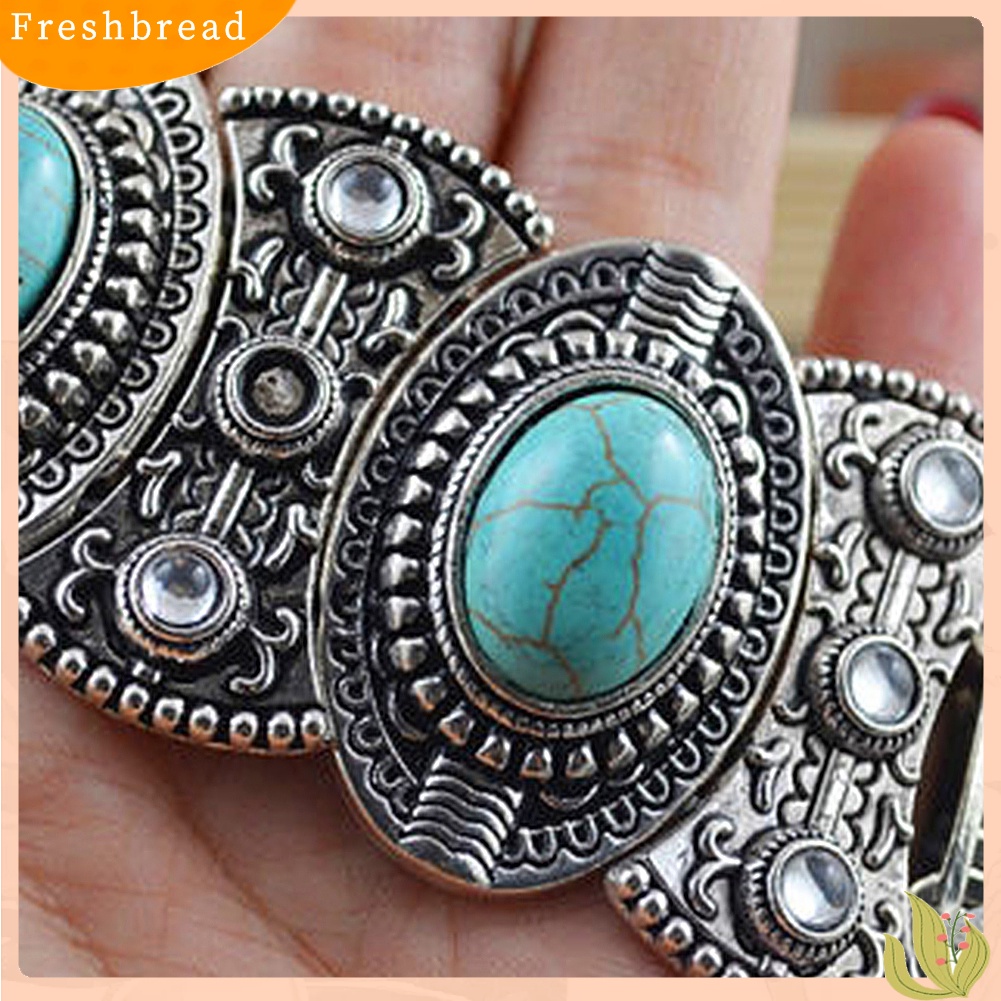 &lt; Freshbread &gt; Retro Hadiah Wanita Oval Pirus Ukir Tibet Bangle Gelang Boho Perhiasan