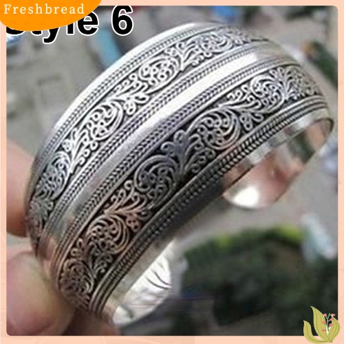 &lt; Freshbread &gt; Vintage Tibet Perak Gajah Diukir Terbuka Bangle Cuff Lebar Gelang Perhiasan