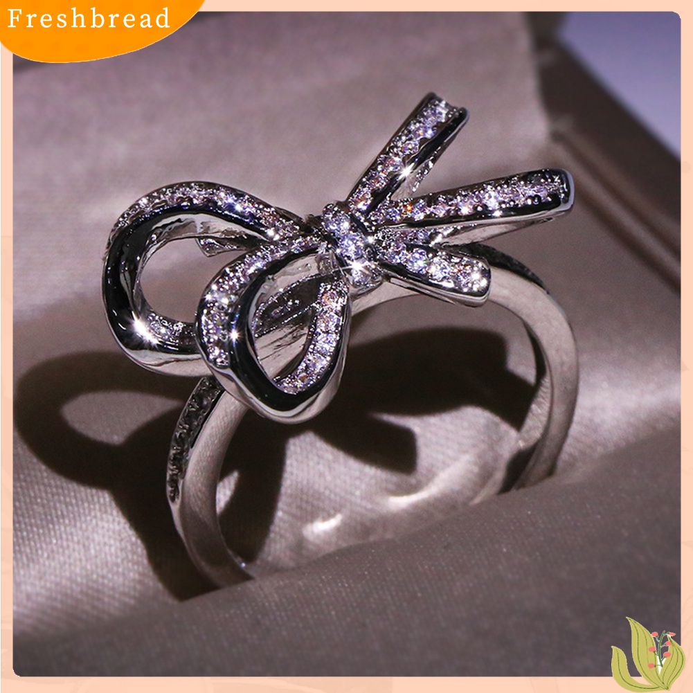 &lt; Freshbread &gt; Wanita Elegan Cubic Zirconia Bertatahkan Busur Jari Cincin Hadiah Perhiasan Pesta Pernikahan