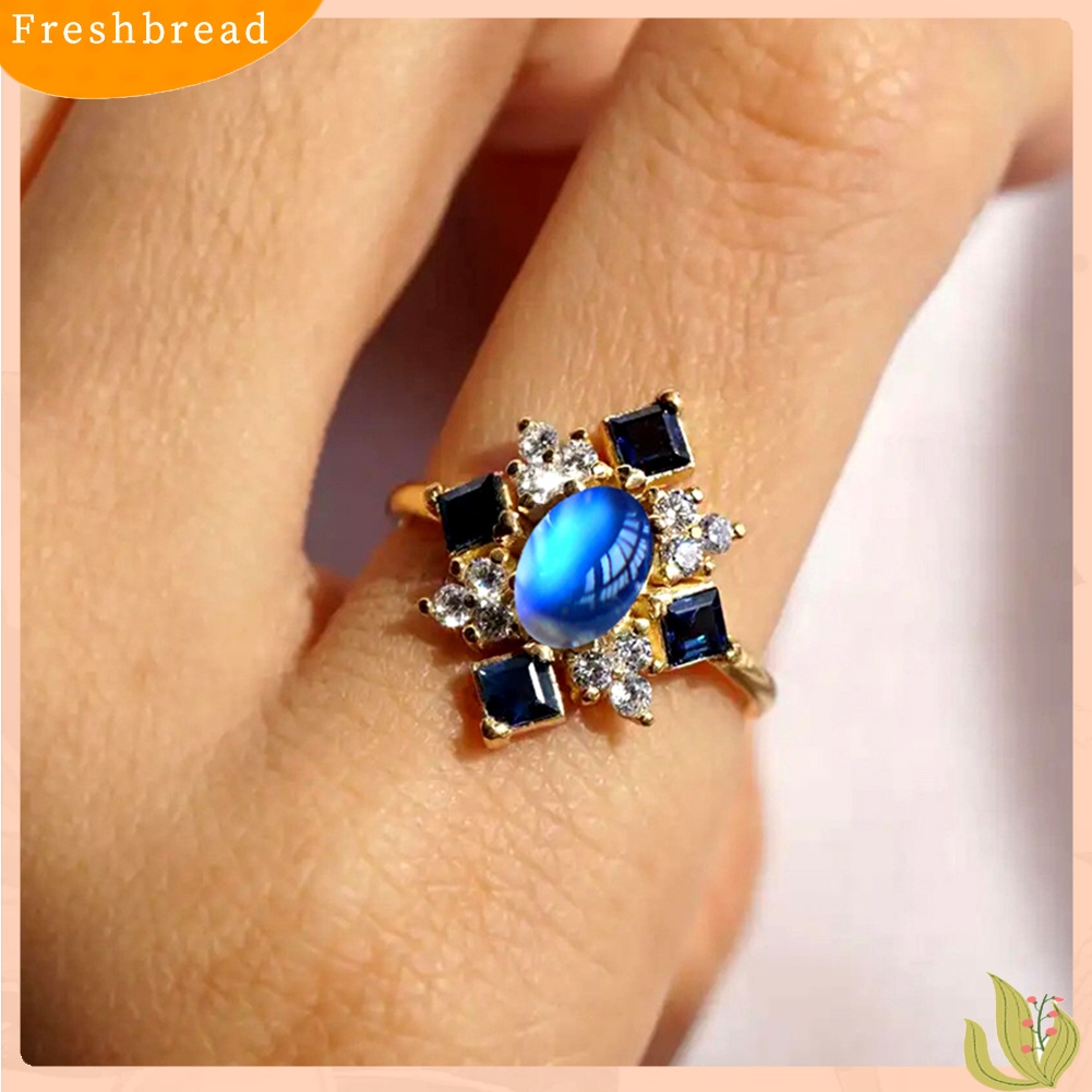&lt; Freshbread &gt; Faux Moonstone Square Berlian Imitasi Wanita Jari Cincin Pesta Pertunangan Perhiasan Hadiah