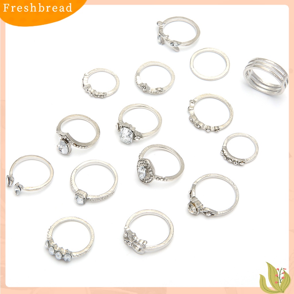 &lt; Freshbread &gt; 15Pcs Cincin Jari Trendi Pengerjaan Halus Semua Pertandingan Warna Perak Berongga Keluar Wanita Ring Untuk Pergi Jalan