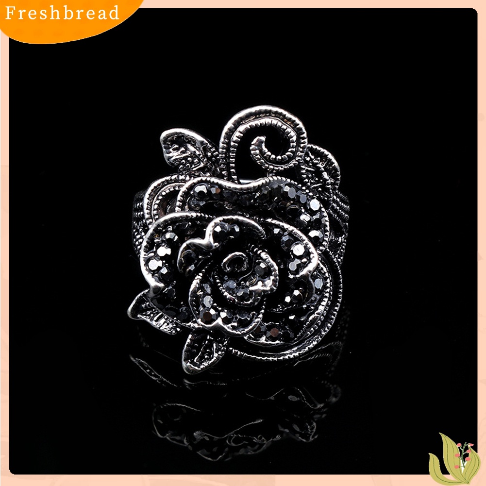 &lt; Freshbread &gt; Vintage Bunga Mawar Berlian Imitasi Bertatahkan Wanita Jari Cincin Hadiah Pesta Anniversary