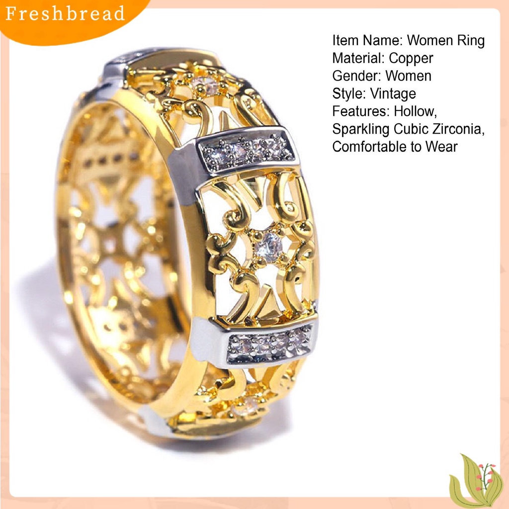 &lt; Freshbread &gt; Wanita Cincin Gaya Vintage Berongga Ukiran Dua Warna Kuno Bling Cubic Zirconia Ladies Finger Ring Fashion Jewelry