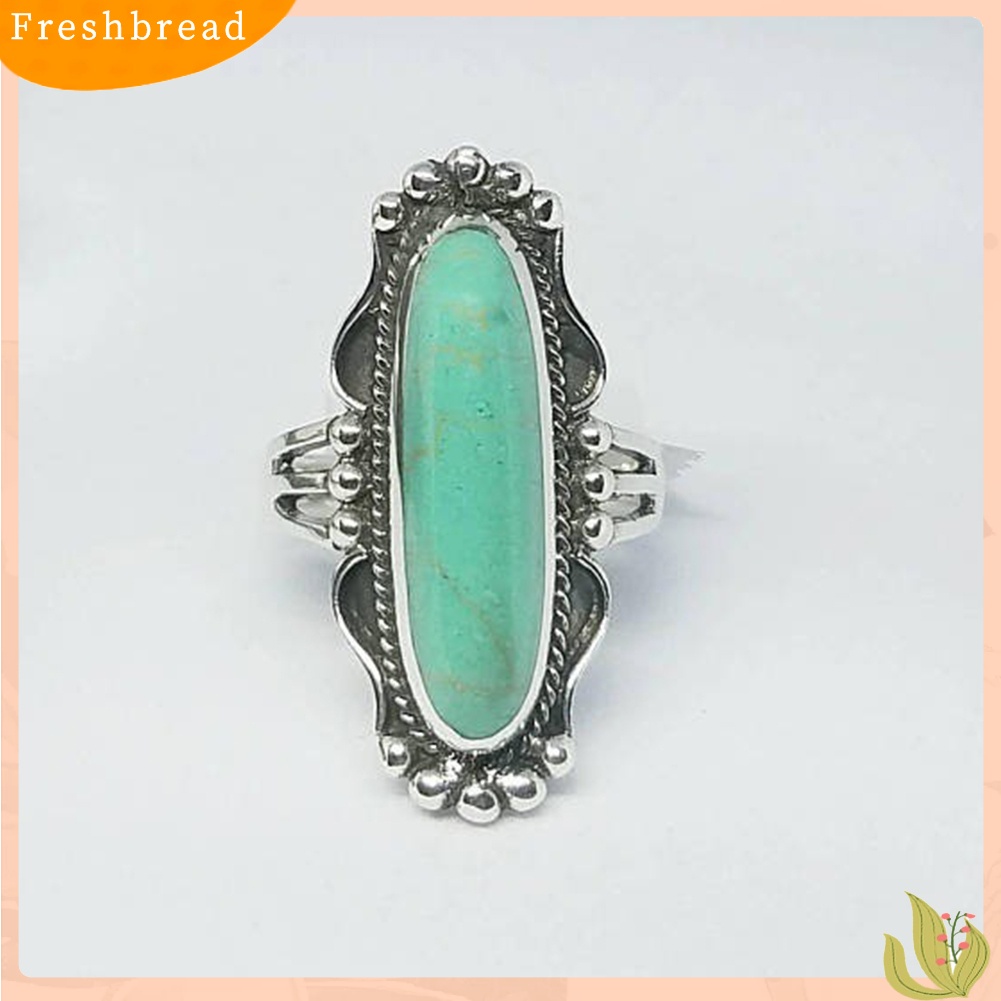&lt; Freshbread &gt; Vintage Finger Decor Oblong Turquoise Cincin Wanita Pernikahan Pertunangan Perhiasan