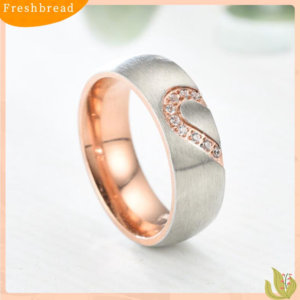 &lt; Freshbread &gt; Cincin Couple Bulat Motif Setengah Hati Perhiasan Kilau Terang Rhinestones Ring Untuk Hari Valentine