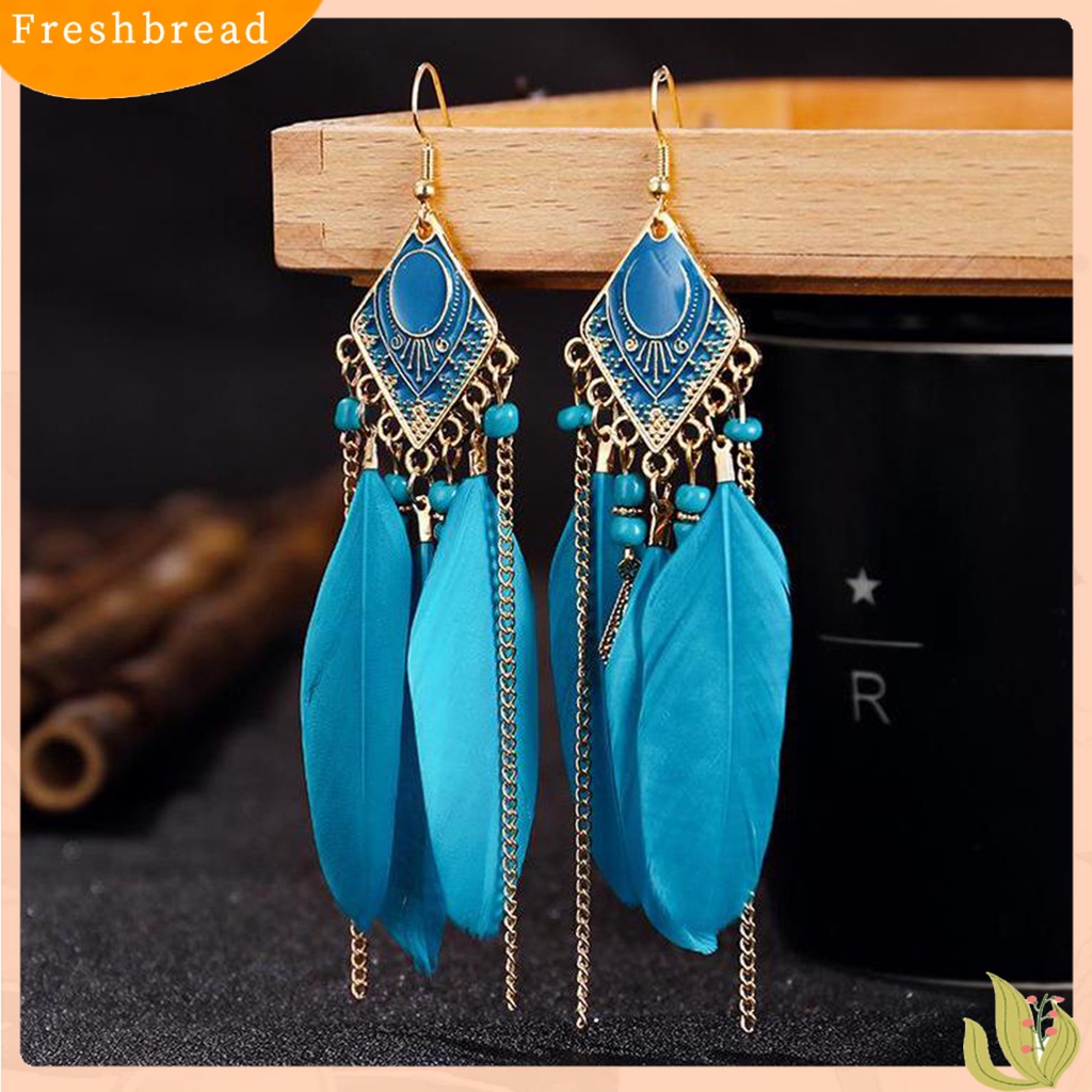 &lt; Freshbread &gt; 1pasang Anting Kait Bohemian Tetes Minyak Geometris Persegi Panjang Liontin Temperamen Dekorasi Elegan Bulu Buatan Rumbai Menjuntai Anting Aksesoris Kostum