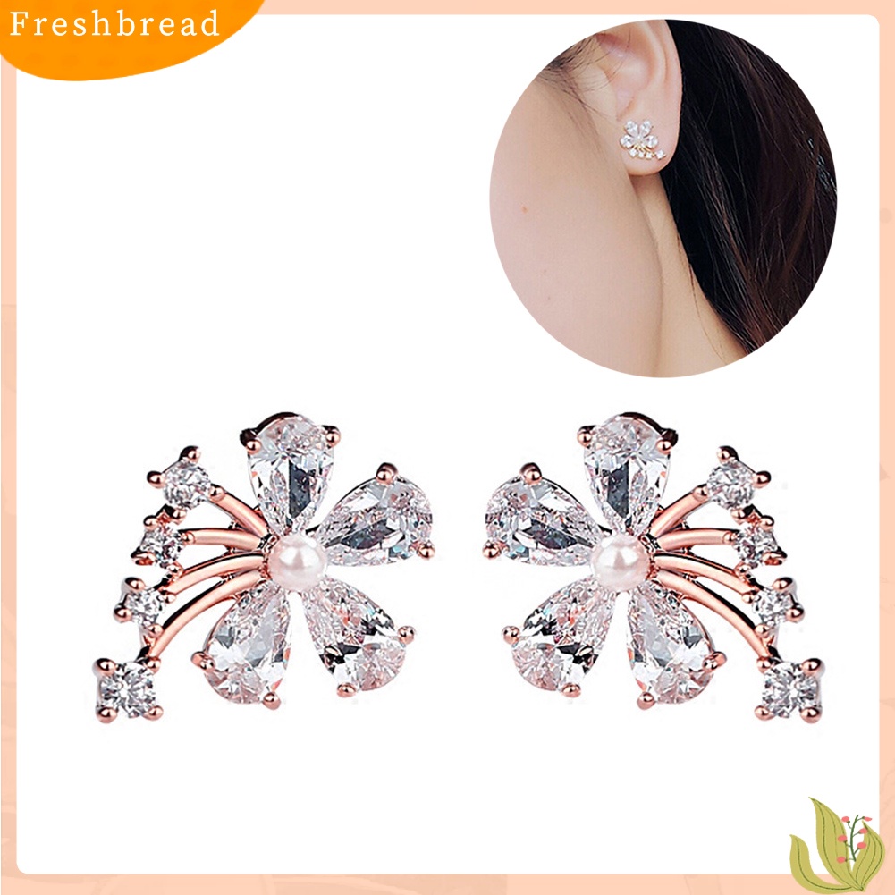 &lt; Freshbread &gt; Wanita Cubic Zirconia Mutiara Imitasi Hias Bunga Telinga Stud Anting Perhiasan Hadiah