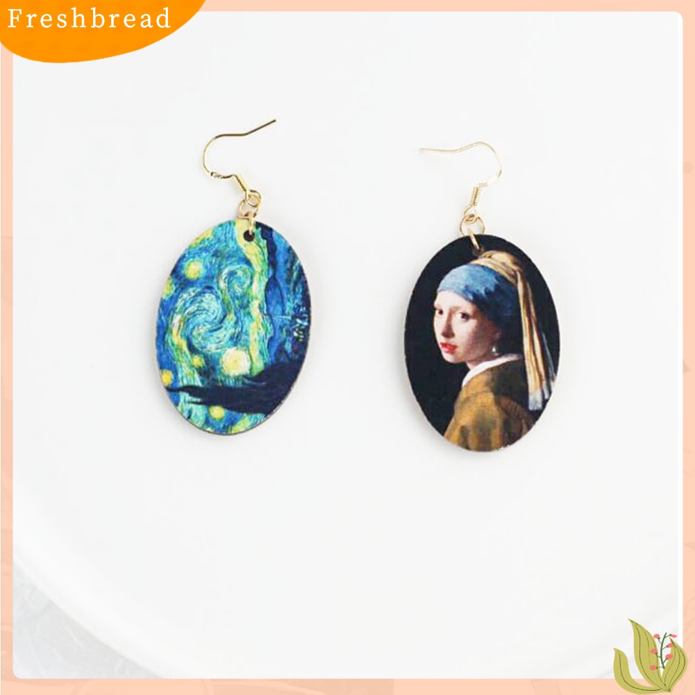 &lt; Freshbread &gt; Wanita Oval Enamel Niche Lukisan Minyak Asimetris Liontin Kayu Anting Kait