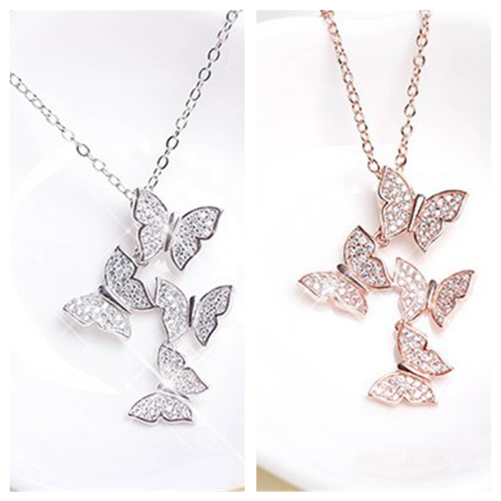Goldkingdom Fashion Perhiasan Aksesoris Ready Stock Perak Kalung Wanita Pendek Korea Fashion Empat Kupu-Kupu Berlian Kerah Rantai Fashion Vintage Style Jewelry