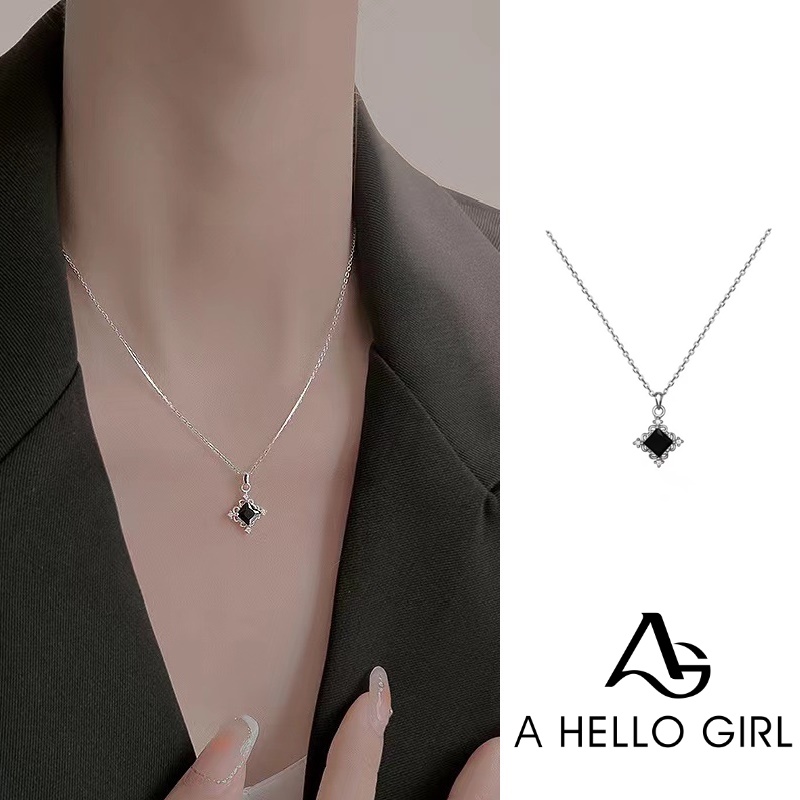 Kalung Rantai Klavikula Bentuk Kotak Aksen Zirkon Warna Hitam Gaya Korea Untuk Wanita