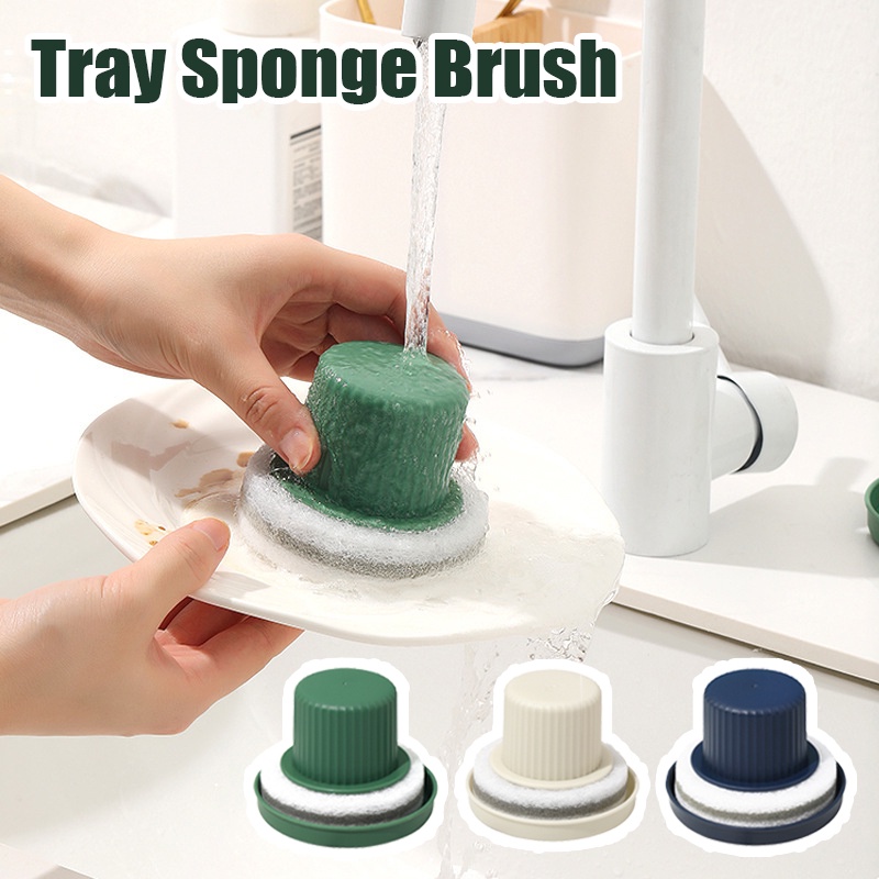 Sikat Pembersih Wastafel Cuci Piring Panci Reusable Sink Cleaning Brush Tray Sponge Brush Alat Pembersih Rumah Tangga Serbaguna Dengan Pegangan Magic Sponge Cleaning Brush