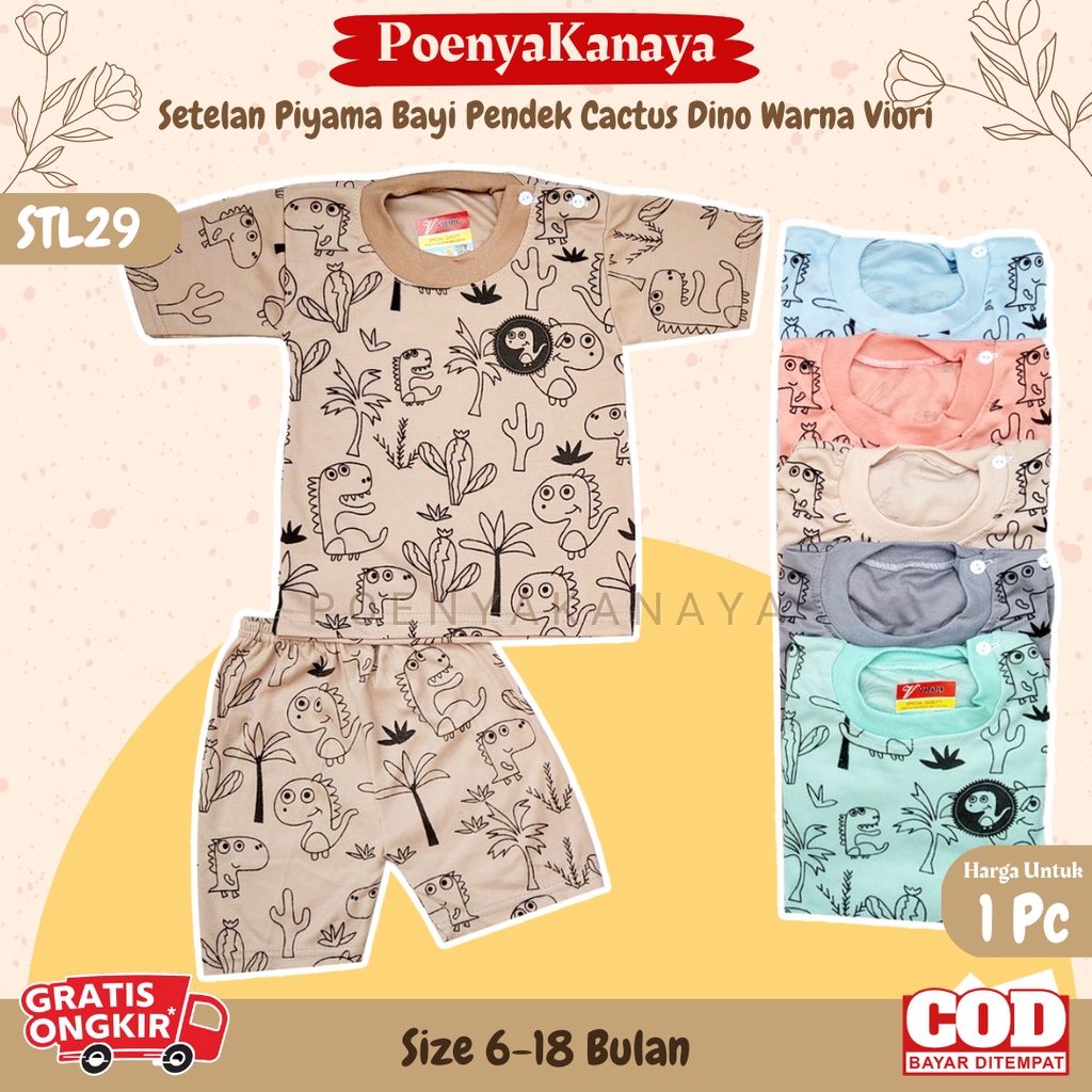 Setelan Baju Bayi Piyama PENDEK CACTUS DINO WARNA Viori Size 6-18 Bulan STL29