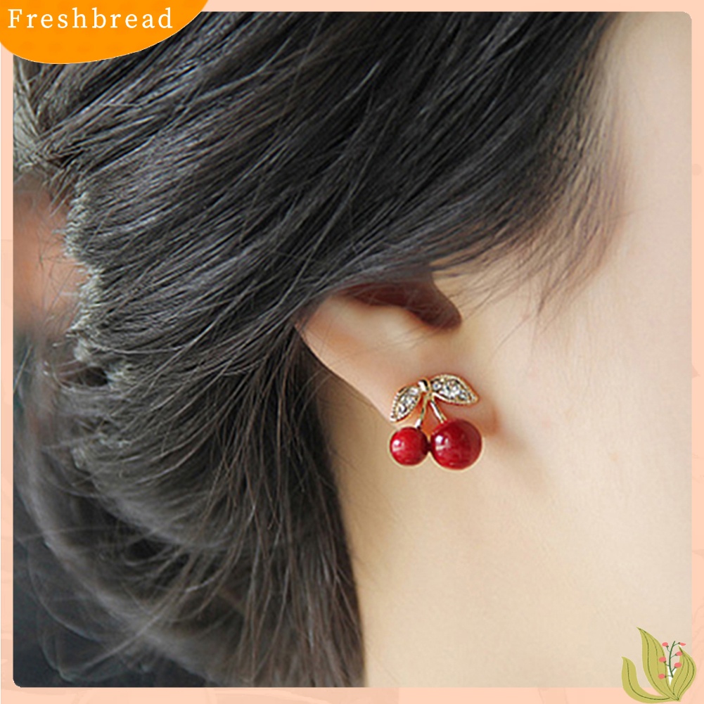 {In Stock} Wanita Merah Cherry Bening Berlian Imitasi Telinga Studs Beads Golden Alloy Leaves Earrings