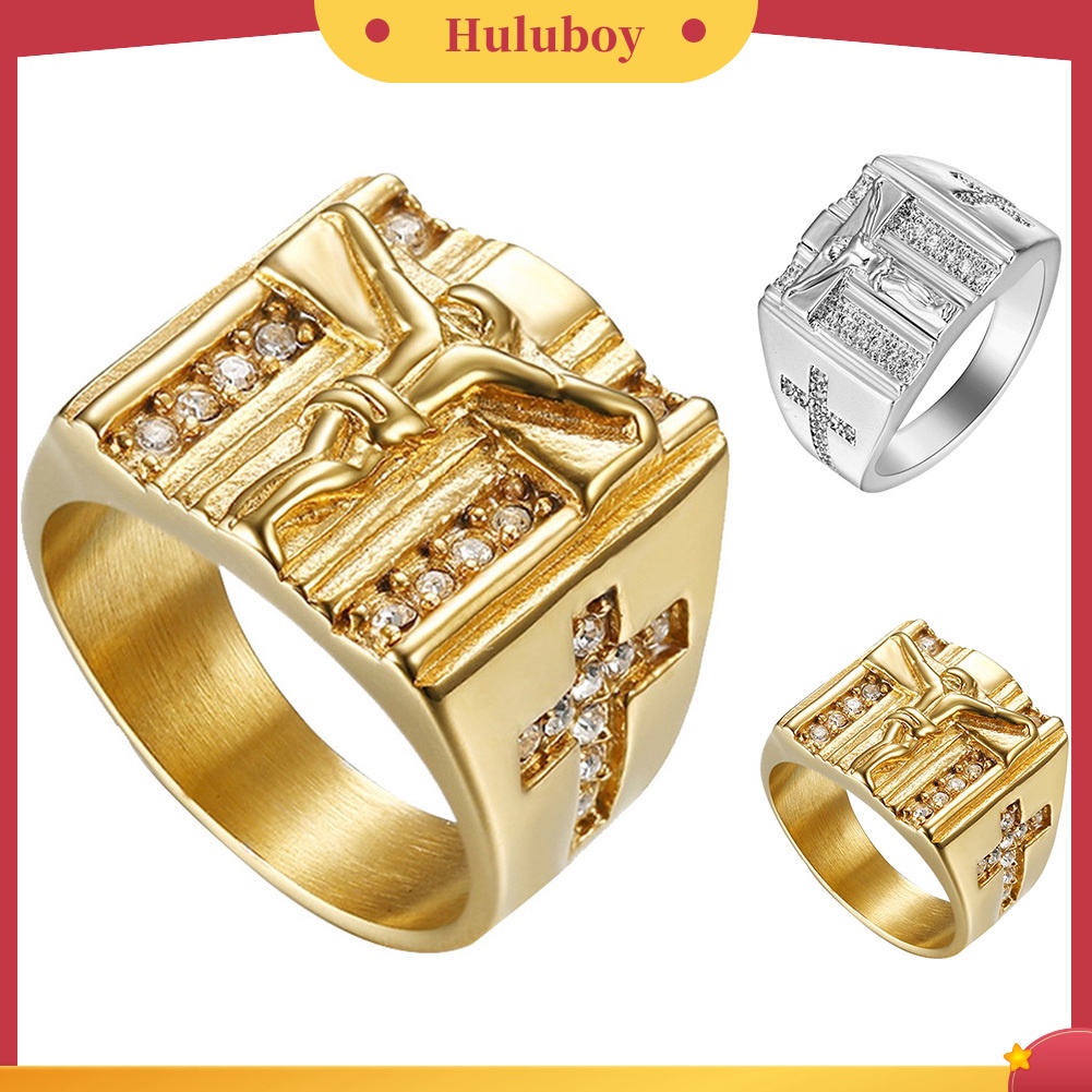 {Ready Stock} Chic Salib Yesus Ukir Cubic Zirconia Bertatahkan Cincin Unisex Perhiasan Pernikahan Hadiah