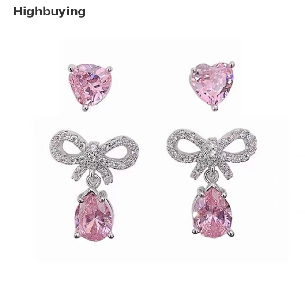 Hbid 1/2pasang Bersinar Pink Zirkon Tetesan Air Busur Stud Anting Perhiasan Hati Romantis Glory