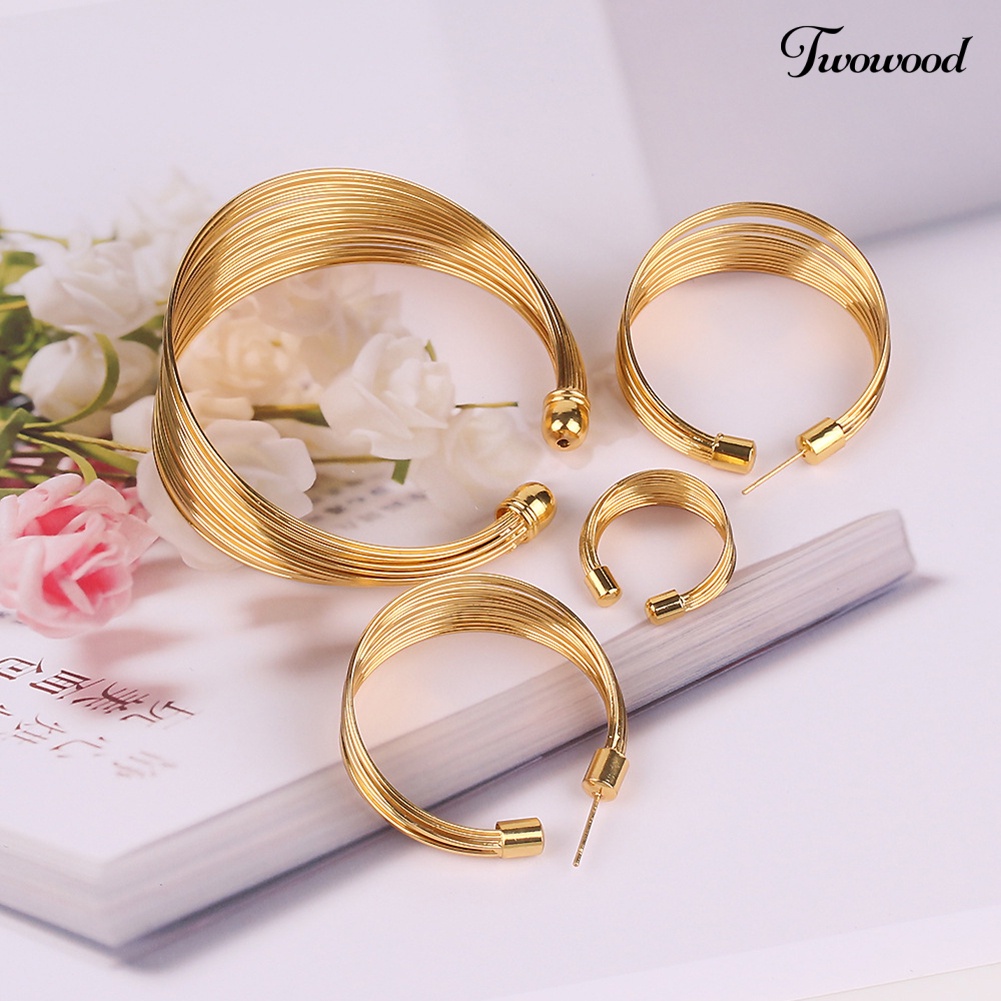 Twowood 4Pcs/Set Exotic Nigeria Bridal Lingkaran Kalung Anting Gelang Cincin Perhiasan