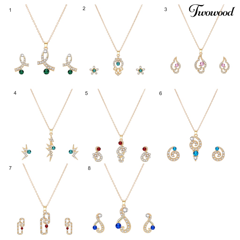 Twowood 1set Wanita Kalung Anting Geometris Elegan Hias Sparkling Adjustable Perhiasan Hadiah Faux Gem Lady Fashion Berlian Imitasi Mengkilap Liontin Kalung Anting Untuk Pesta