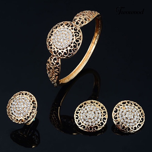 Twowood Wanita Perjamuan Pesta Pernikahan Berongga Berlian Imitasi Kalung Gelang Cincin Anting Set