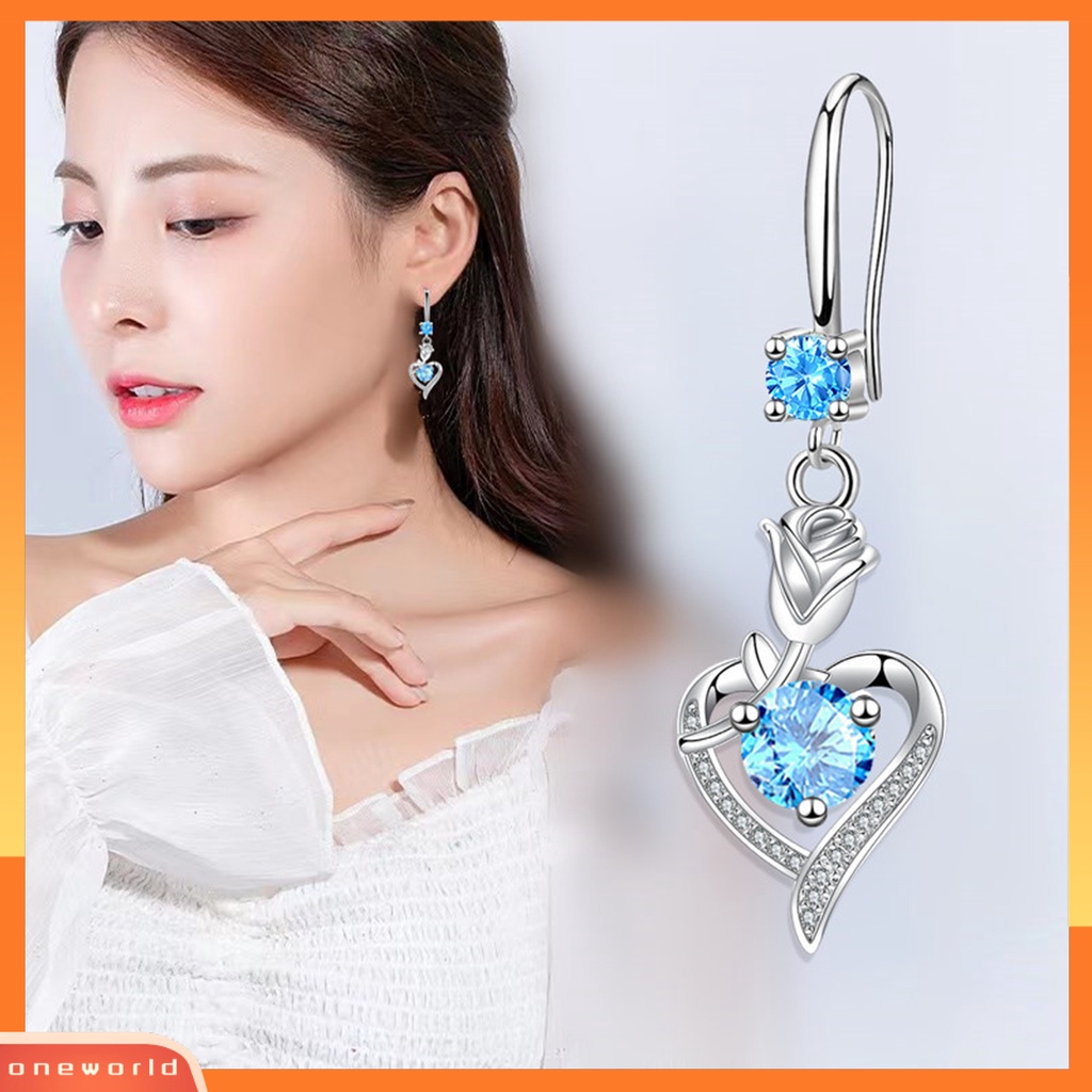 [OWR] 1pasang Anting Hoop Bersinar Cubic Zirconia Geometris High-end Liontin Berdandan Hypoallergenic Bunga Mawar Hati Menjuntai Anting Perhiasan Fashion