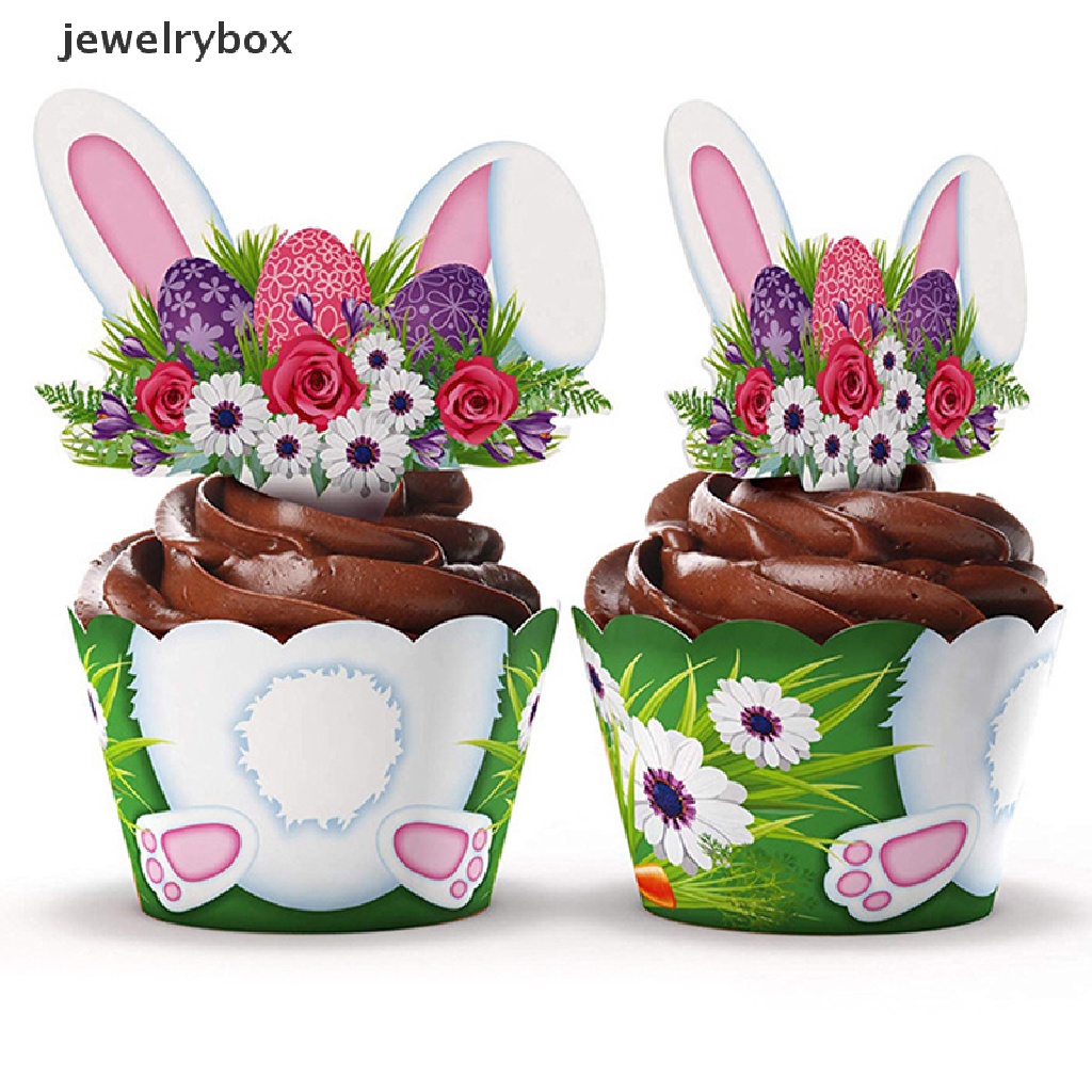 [jewelrybox] 24pcs/set Lovely Rabbit Cake Insert Card Wrapper Paskah Pesta Bunny Cake Topper Butik