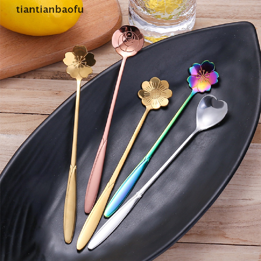 [tiantianbaofu] 4pcs/set Sendok Pencampuran Bunga Kecil Sendok Teh Stainless Steel Sendok Kopi Butik