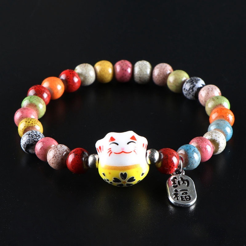 Lucu Kucing Beruntung Gelang Untuk Gadis Adjustable Manik-Manik Warna-Warni Gelang Harajuku Keramik Kucing Liontin Pesona Gelang Perhiasan