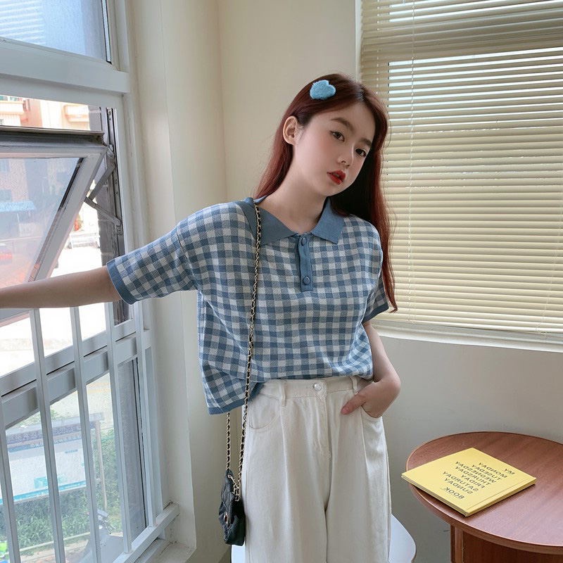 TOPGROSI TG1689 Atasan Knit Kotak Kotak Berkerah Import Crop Top Wanita Lengan Pendek Rajut Nyaman